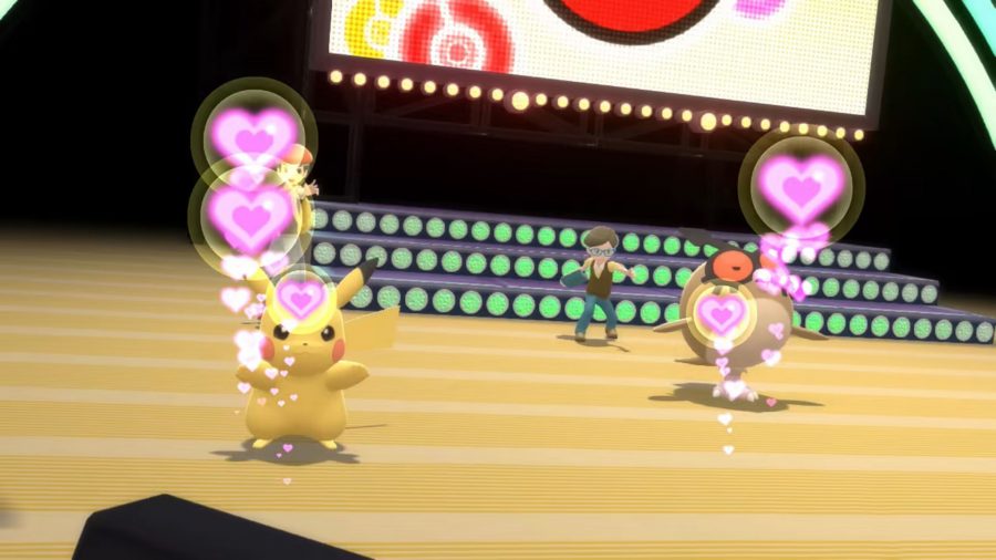 Pokémon en bdsp bailando con corazones sobre sus cabezas