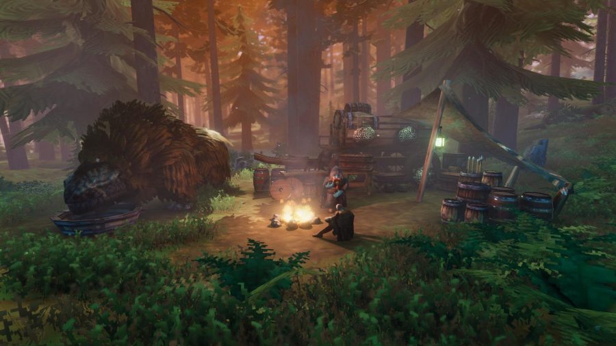 Captura de pantalla de Valheim que muestra a un grupo de personajes sentados alrededor de un fuego