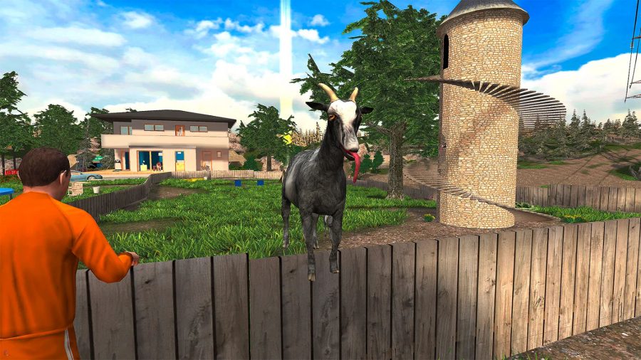 Captura de pantalla de Mobile Goat Simulator que muestra una cabra en una cerca