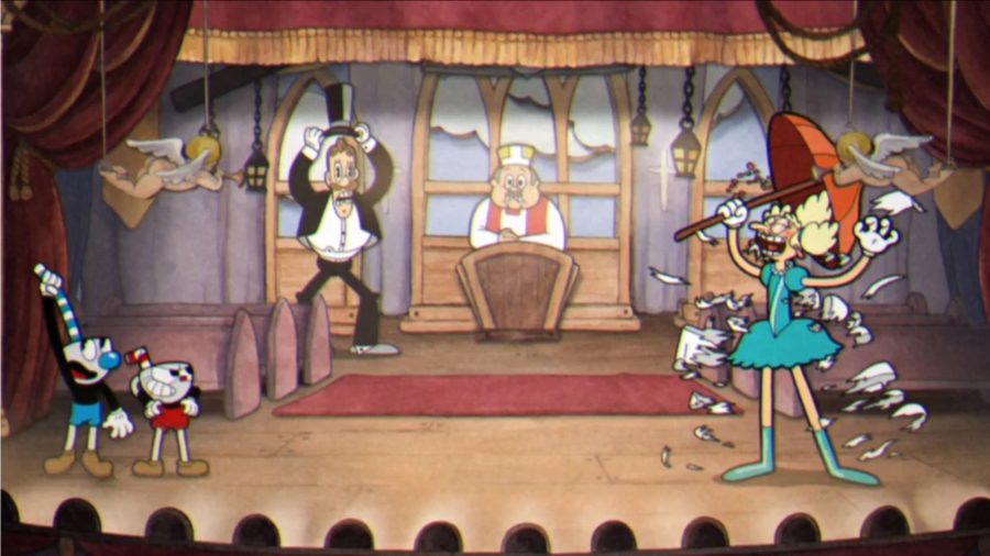 Cuphead Mobile: Cuphead y Mugman en una escena preparándose para luchar contra un jefe rubio con un paraguas naranja.