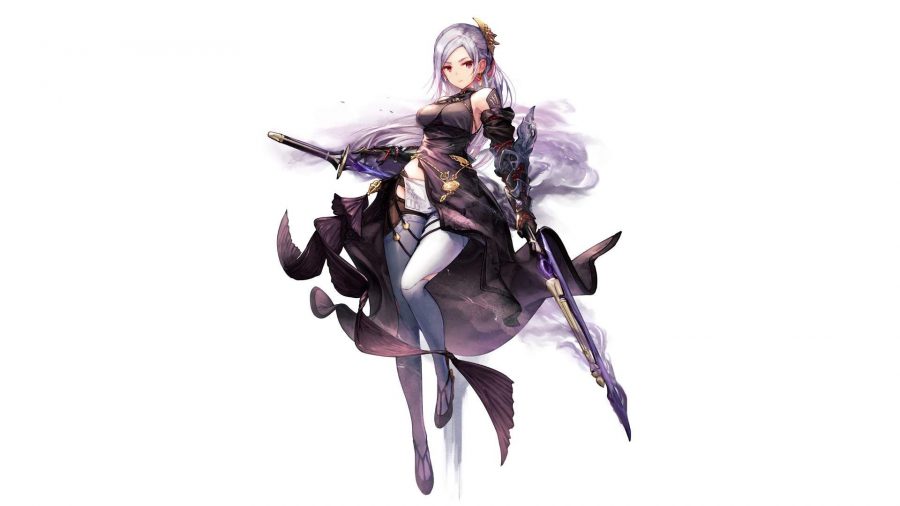 Gráficos de personajes para Histina de Harvestella.  Es una mujer con cabello largo y gris, un vestido negro suelto, medias largas y blancas y lo que parecen dos extrañas espadas en ambas manos.