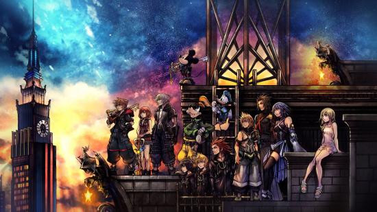 Grupo de personajes de Kingdom Hearts 3 en un techo