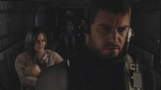 Personajes de Resident Evil Village: Chris Redfield se ve triste mientras Mia Winters le grita