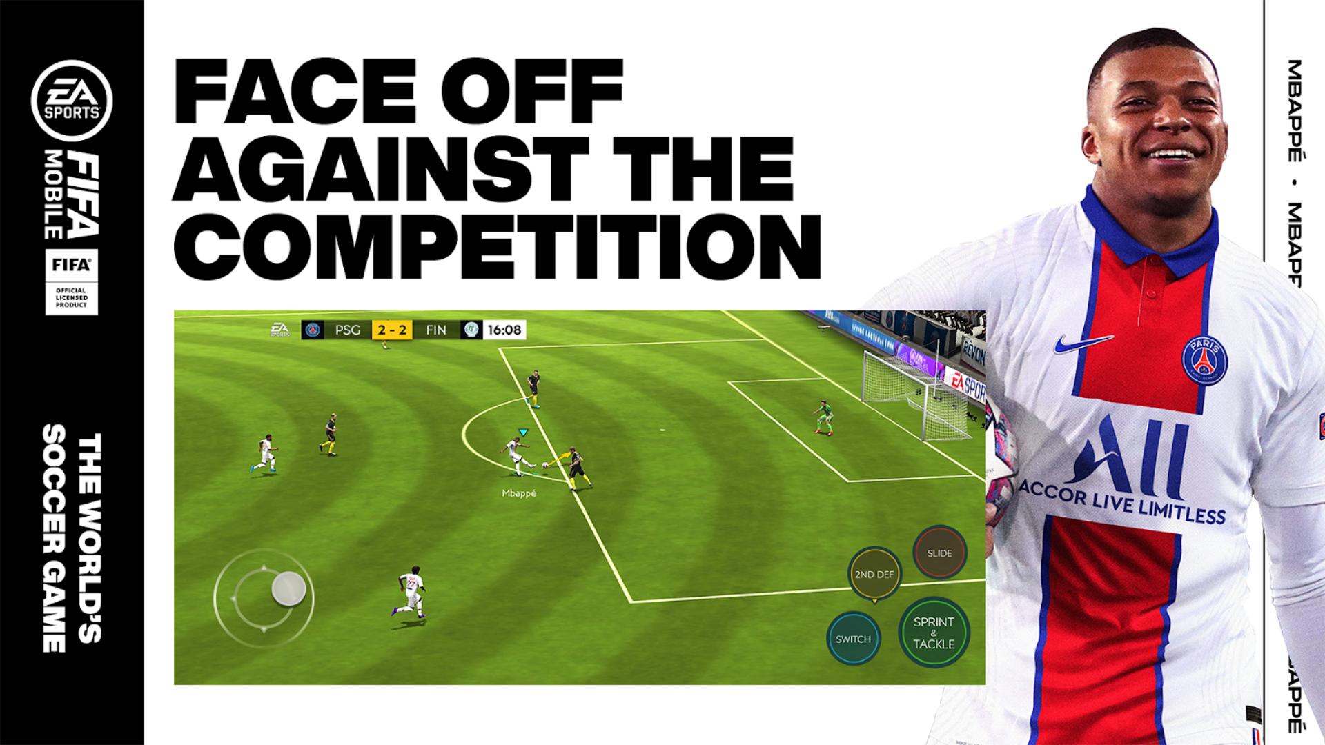 Los mejores juegos deportivos para dispositivos móviles: FIFA Mobile.  La imagen muestra a un jugador junto a una captura de pantalla de los jugadores en el campo.  Por encima dice "Enfréntate a la competencia" a la izquierda hay una barra negra con el logotipo de la FIA, el logotipo de EA Sports y la lectura de texto "El partido de fútbol del mundo."